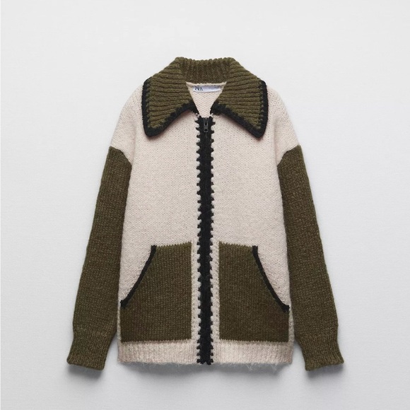 Zara Olive and Cream Knit Cardigan - Picture 1 of 5